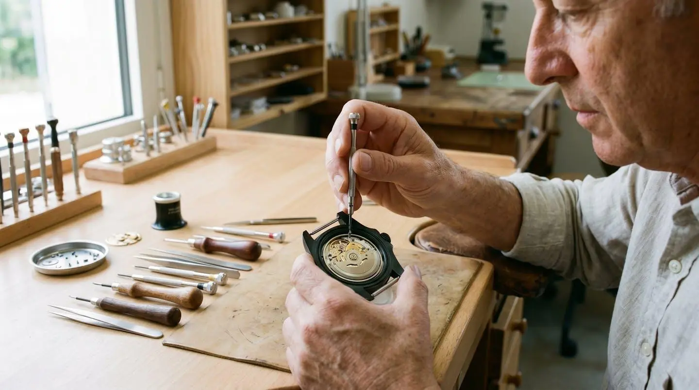 Mains d'un horloger ajustant le mouvement automatique d'une montre de plongée professionnelle sur un établi d'atelier, outils de micro-mécanique disposés à proximité, lumière naturelle éclairant les composants du calibre