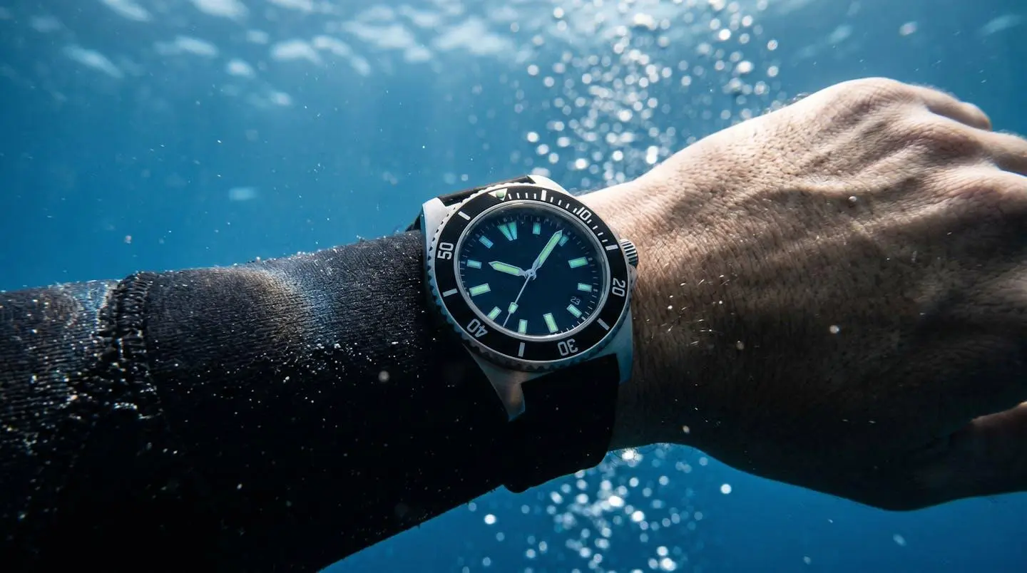 Poignet d'un plongeur professionnel portant une montre de plongée, combinaison en néoprène noire visible, environnement sous-marin avec lumière bleue naturelle filtrée depuis la surface et bulles d'air remontant en arrière-plan