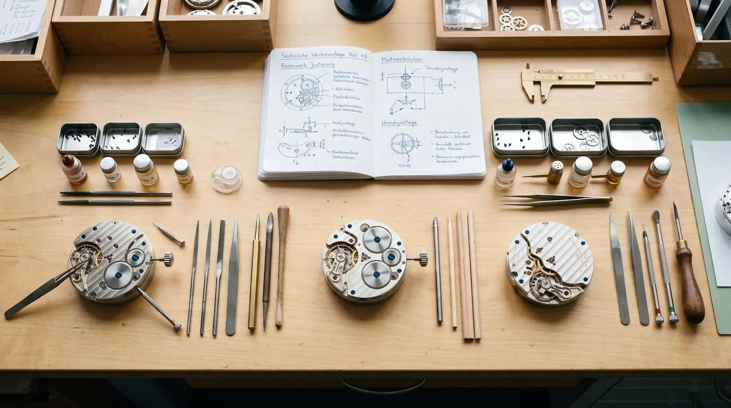 Établi horloger avec mouvements mécaniques saxons en assemblage, platines trois-quarts visibles, outils de finissage et composants organisés sur surface bois clair, lumière douce