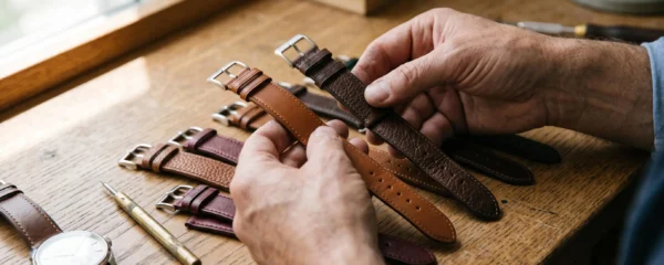 Bracelets de montre en cuir de différentes finitions posés sur un établi avec des mains les comparant