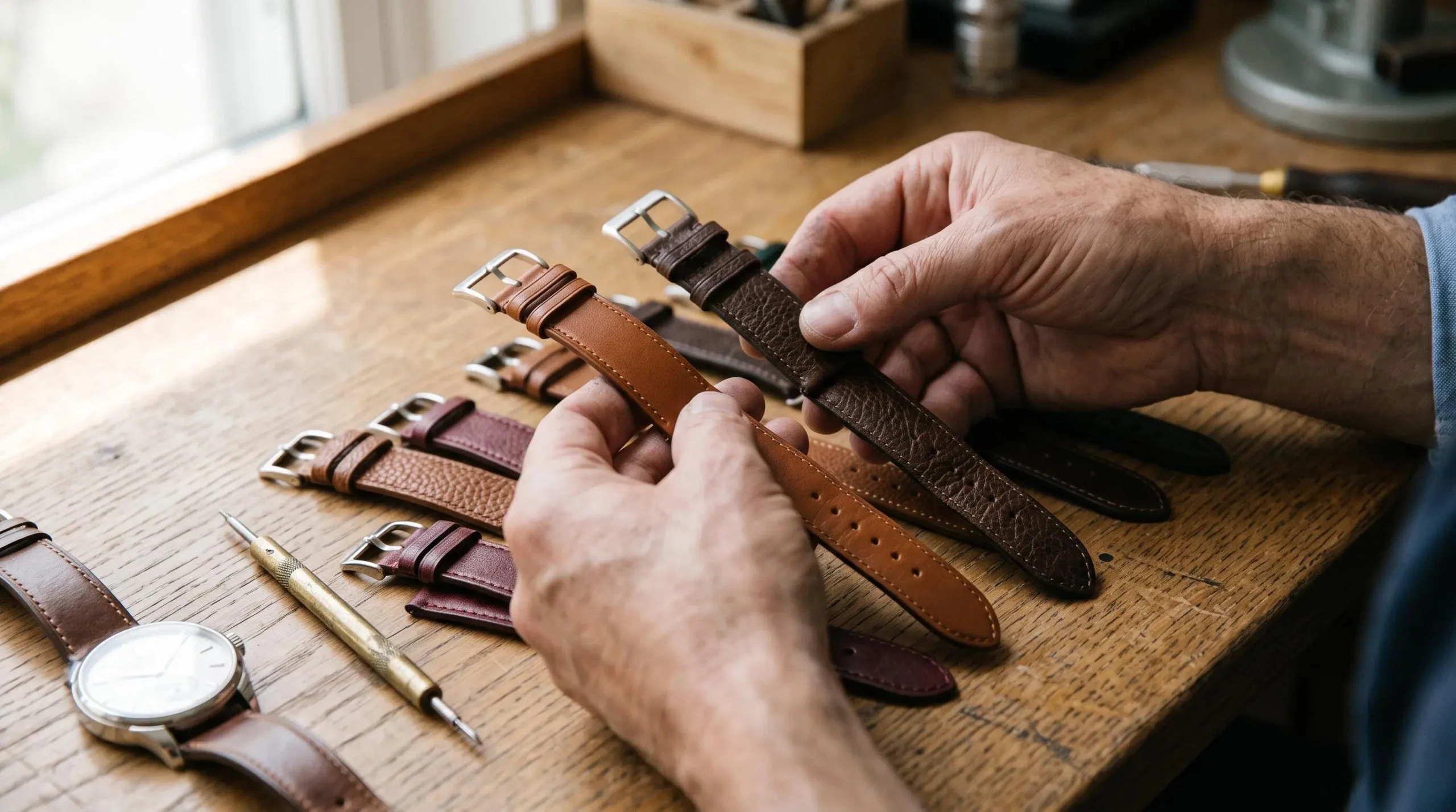 Bracelets de montre en cuir de différentes finitions posés sur un établi avec des mains les comparant