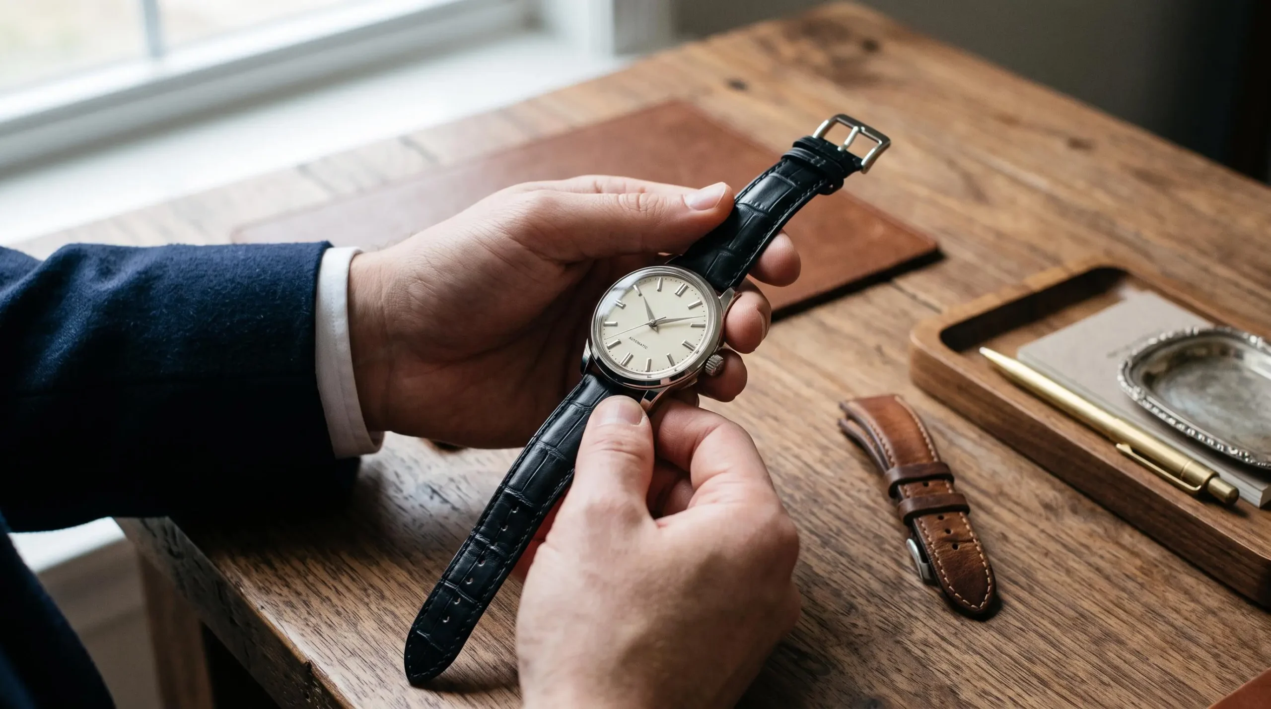 Mains changeant un bracelet de montre en cuir à l'aide d'un outil à pompe