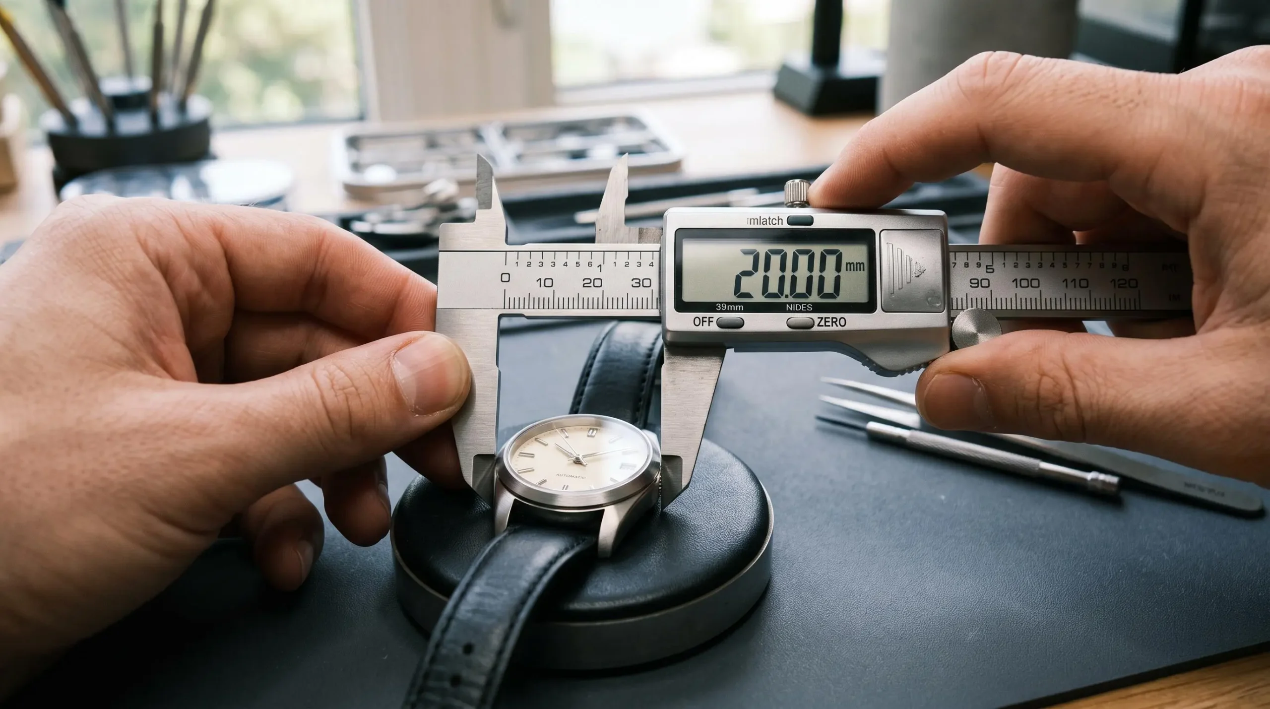 Mesure de la largeur d'entrecorne d'une montre avec un pied à coulisse de précision