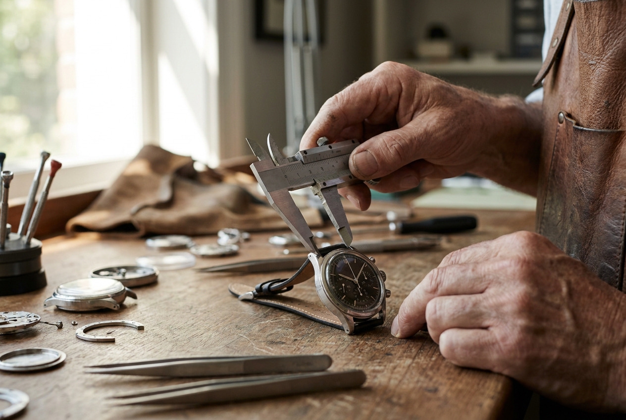 Mesure de la largeur d'entrecorne d'une montre avec un pied à coulisse de précision
