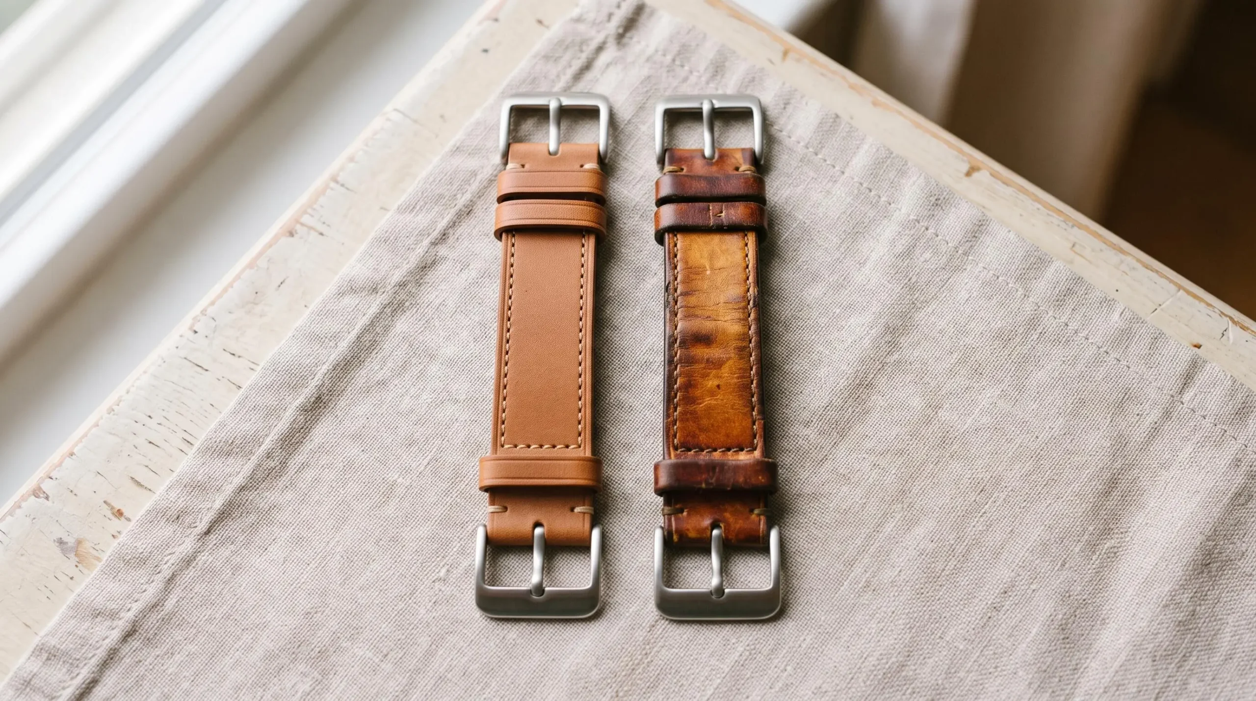 Comparaison entre un bracelet en cuir neuf et un bracelet en cuir patiné montrant l'évolution de la matière